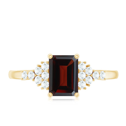 Natural Red Garnet Emerald Cut Engagement Ring with Diamond