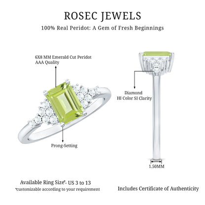 Natural 1.8 Carat Peridot Emerald Cut Engagement Ring with Diamond Side Stones