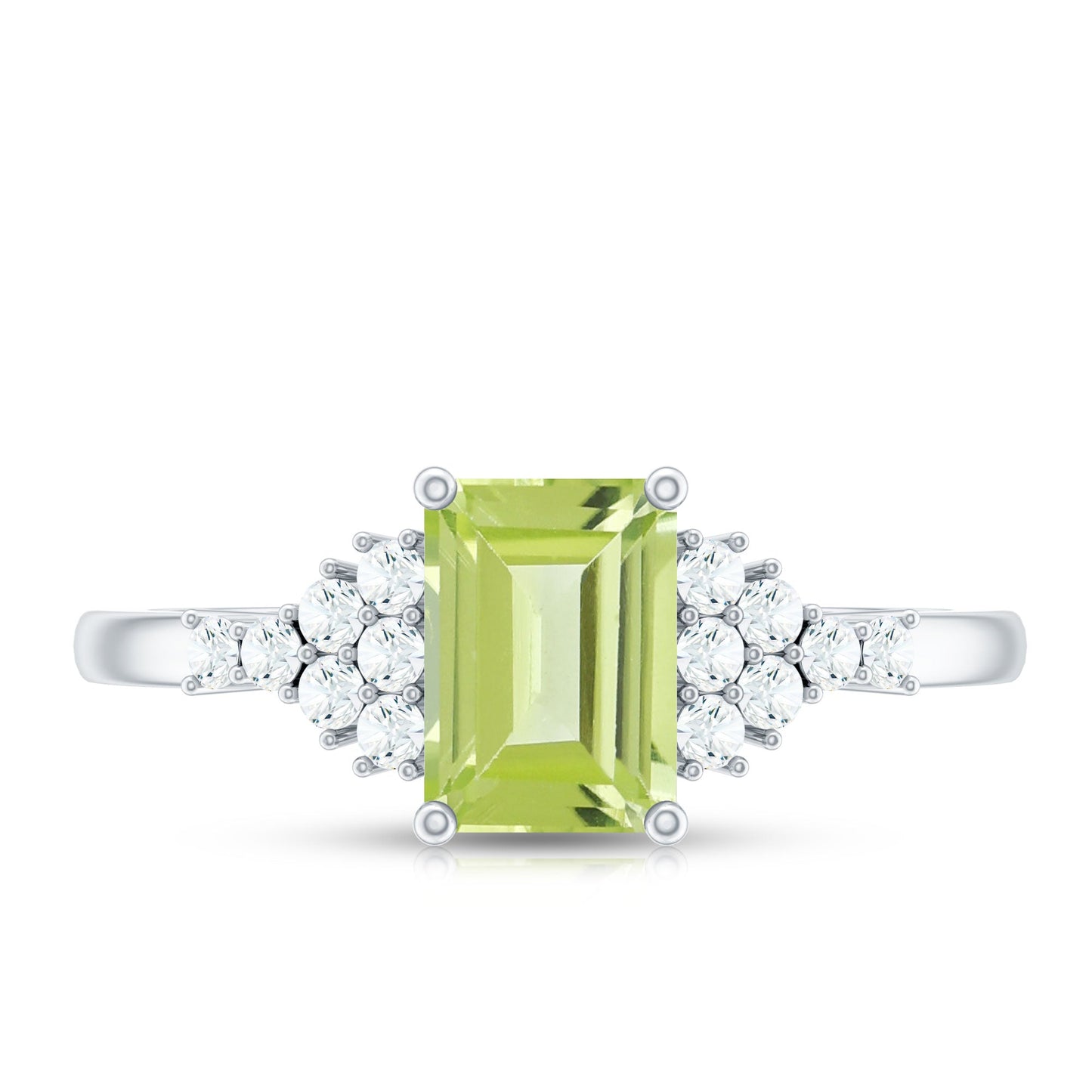 Natural 1.8 Carat Peridot Emerald Cut Engagement Ring with Diamond Side Stones