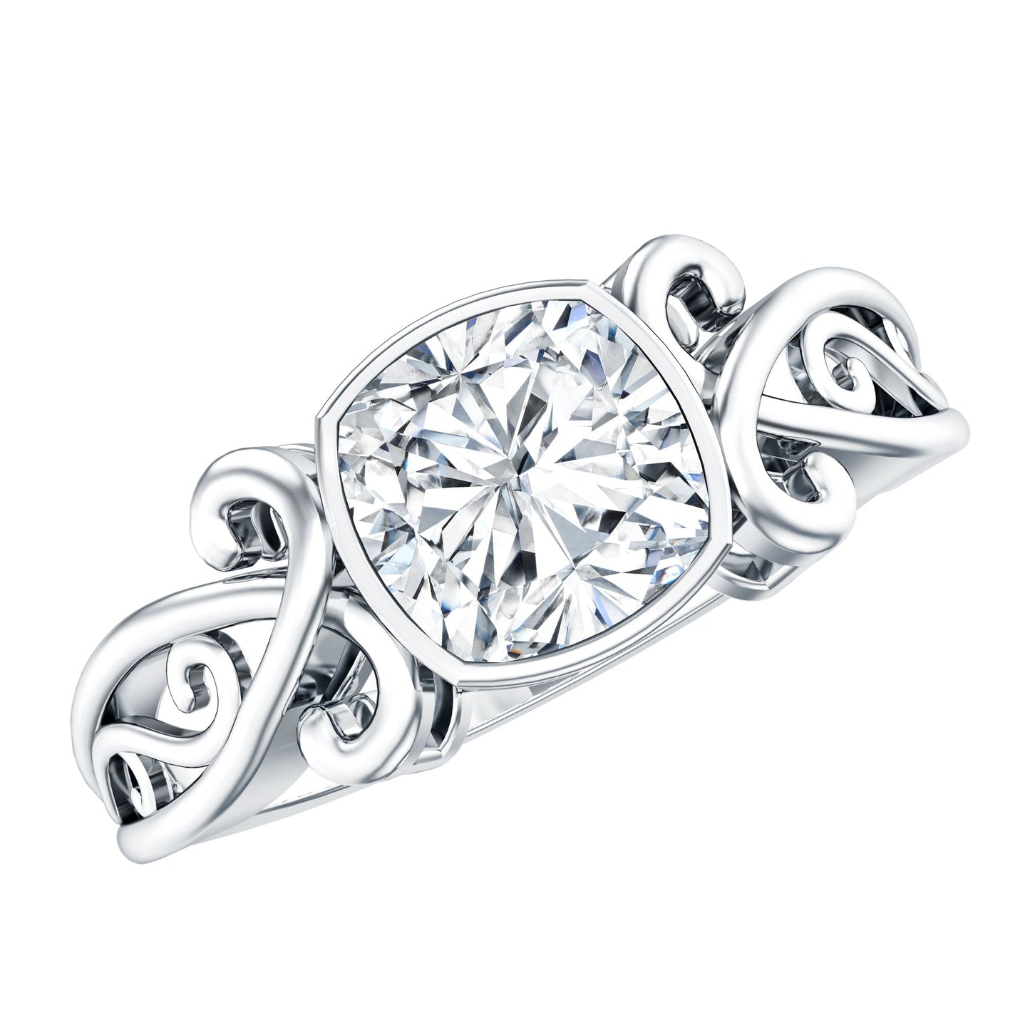Vintage Style Cushion Moissanite Solitaire Ring in Bezel Setting