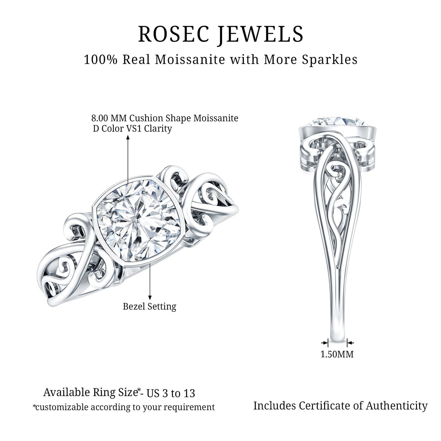 Vintage Style Cushion Moissanite Solitaire Ring in Bezel Setting