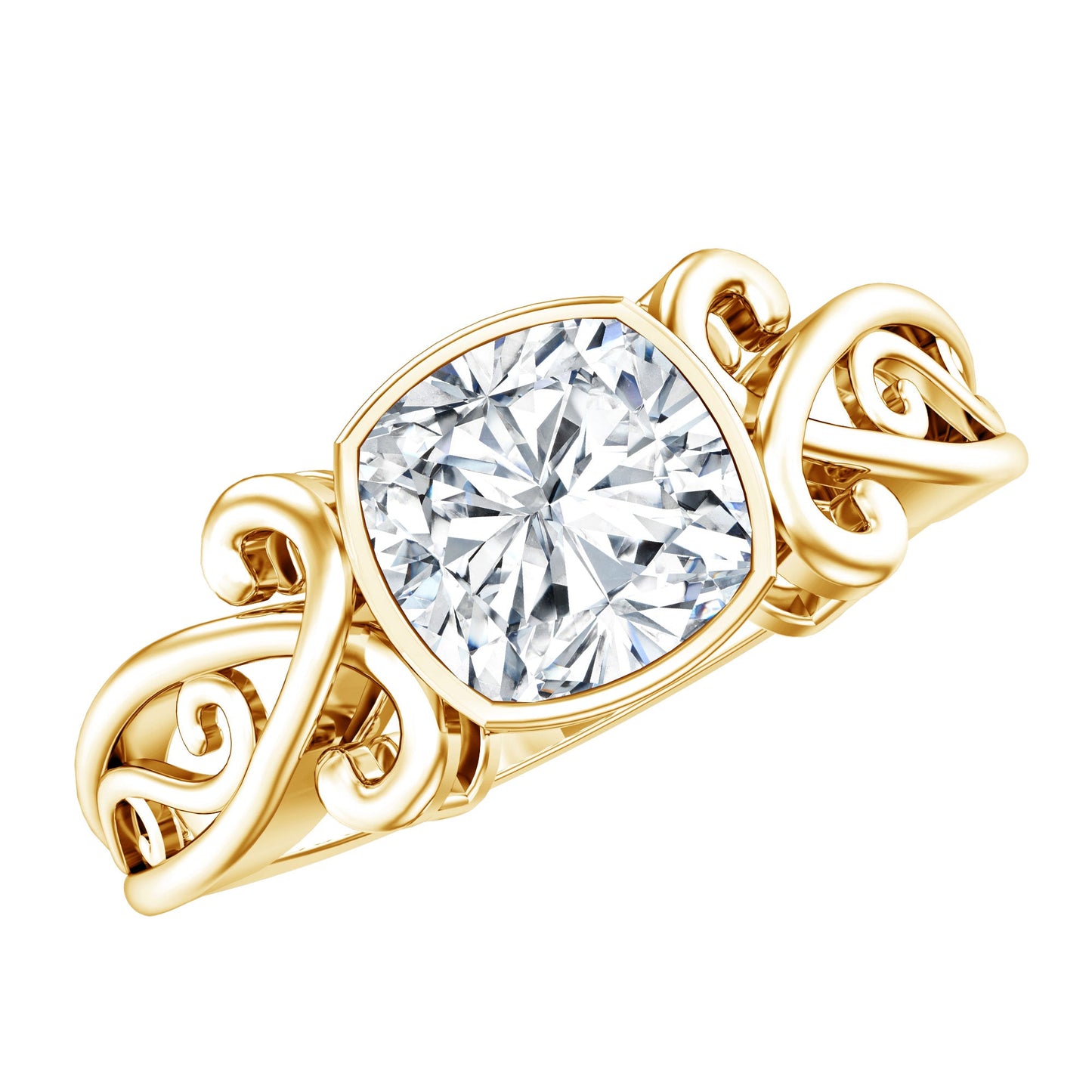 Vintage Style Cushion Moissanite Solitaire Ring in Bezel Setting