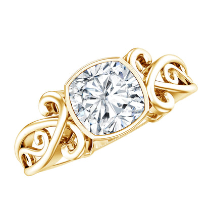 Vintage Style Cushion Moissanite Solitaire Ring in Bezel Setting