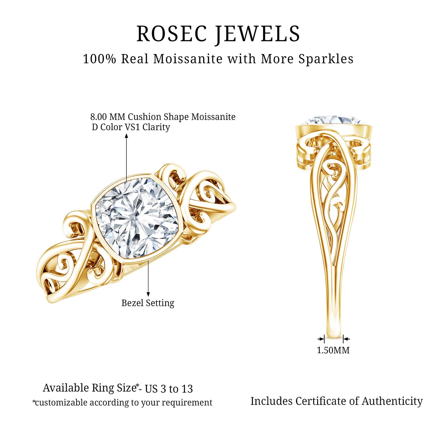 Vintage Style Cushion Moissanite Solitaire Ring in Bezel Setting