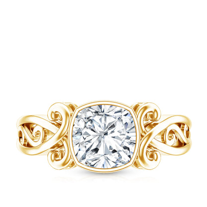 Vintage Style Cushion Moissanite Solitaire Ring in Bezel Setting