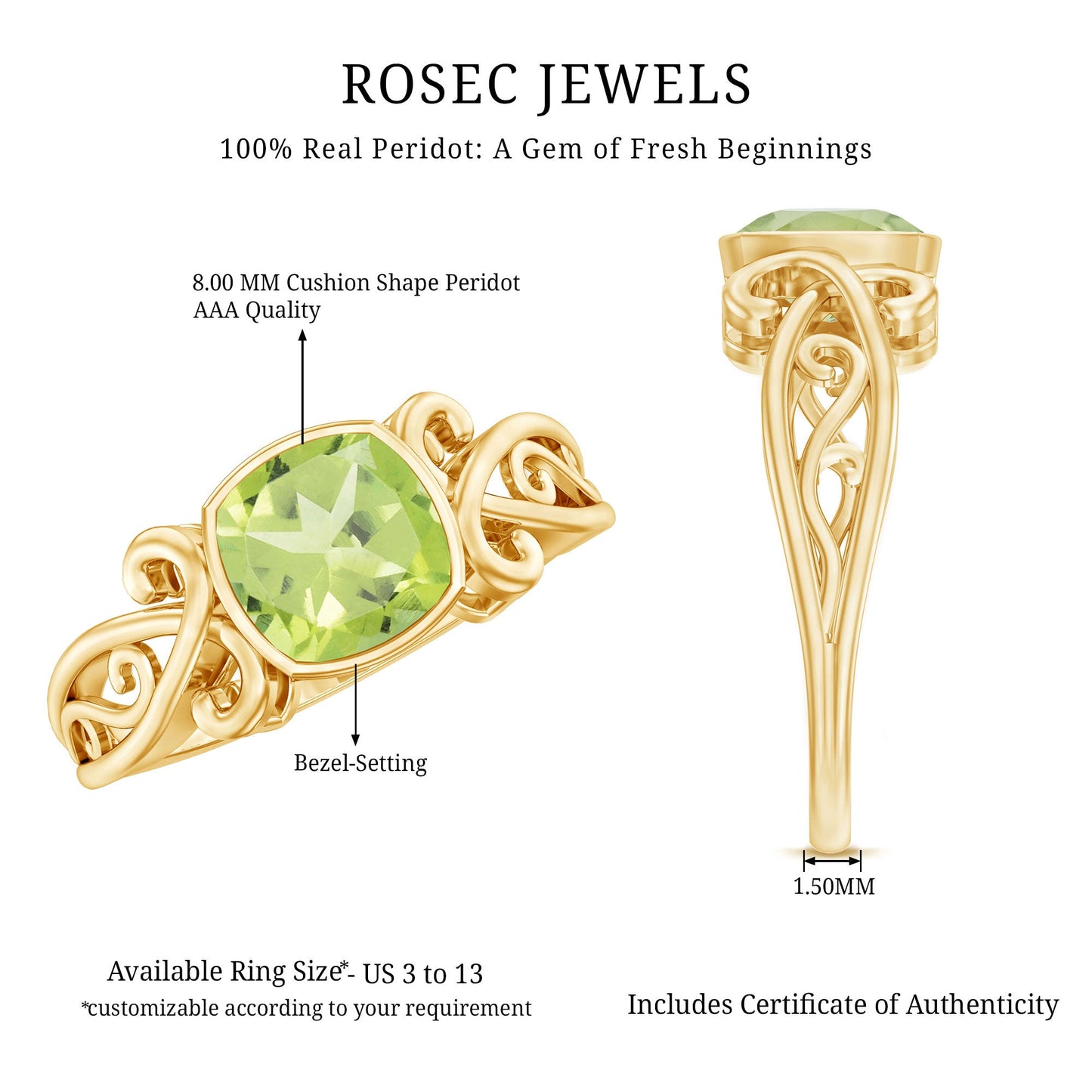 Vintage Style 2 Carat Peridot Cushion Cut Engagement Ring