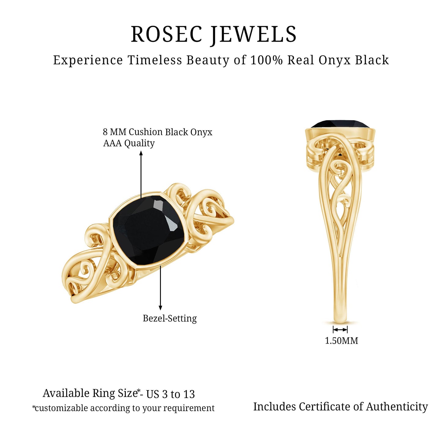 2 Carat Cushion Cut Black Onyx Vintage Engagement Ring For Women