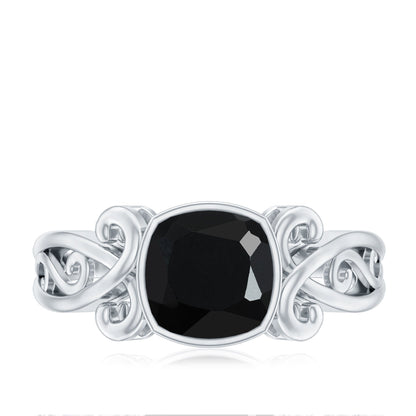 Vintage Style Black Spinel Cushion Cut Engagement Ring