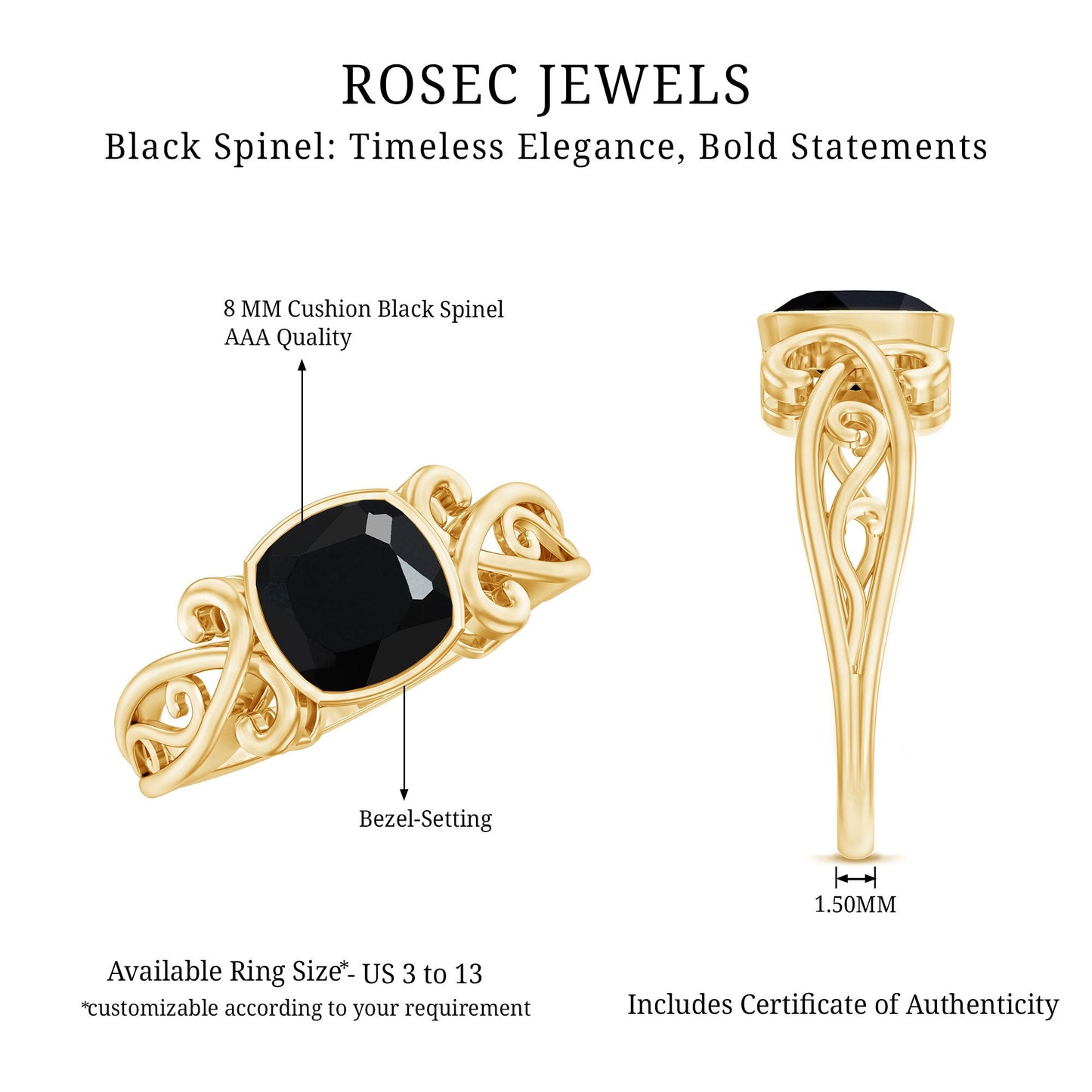 Vintage Style Black Spinel Cushion Cut Engagement Ring