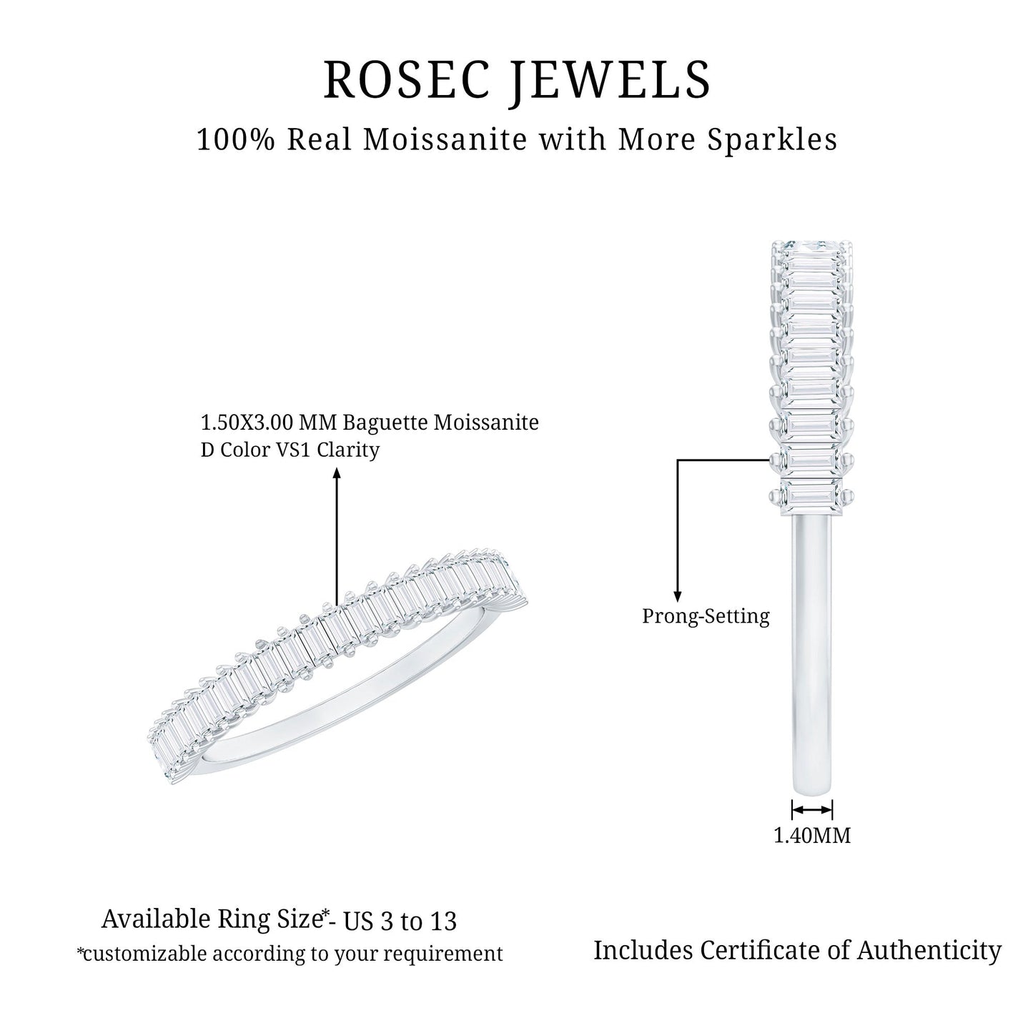 Certified Baguette Moissanite Half Eternity Band Ring