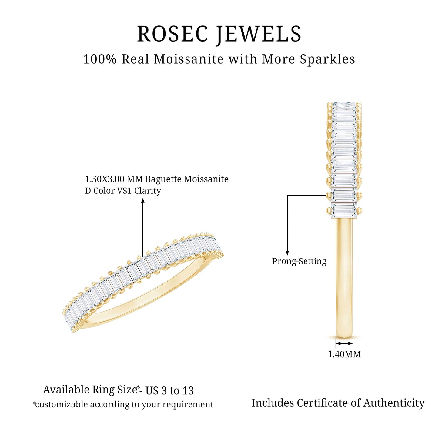 Certified Baguette Moissanite Half Eternity Band Ring