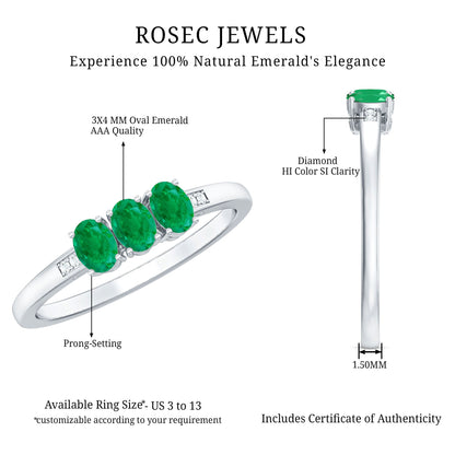 Certified Real Oval Emerald Three Stone Promise Ring with Diamond