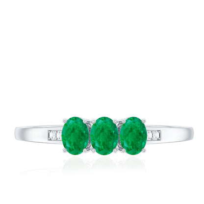 Certified Real Oval Emerald Three Stone Promise Ring with Diamond