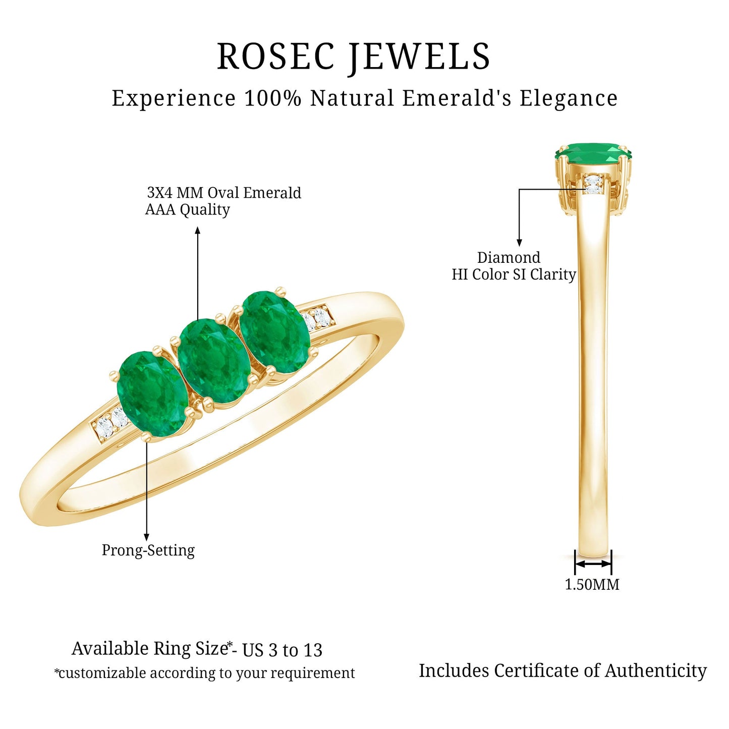 Certified Real Oval Emerald Three Stone Promise Ring with Diamond