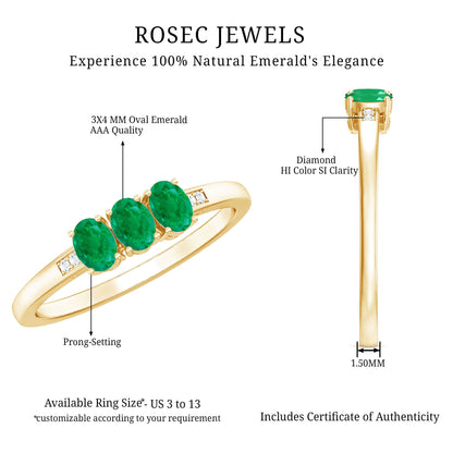 Certified Real Oval Emerald Three Stone Promise Ring with Diamond