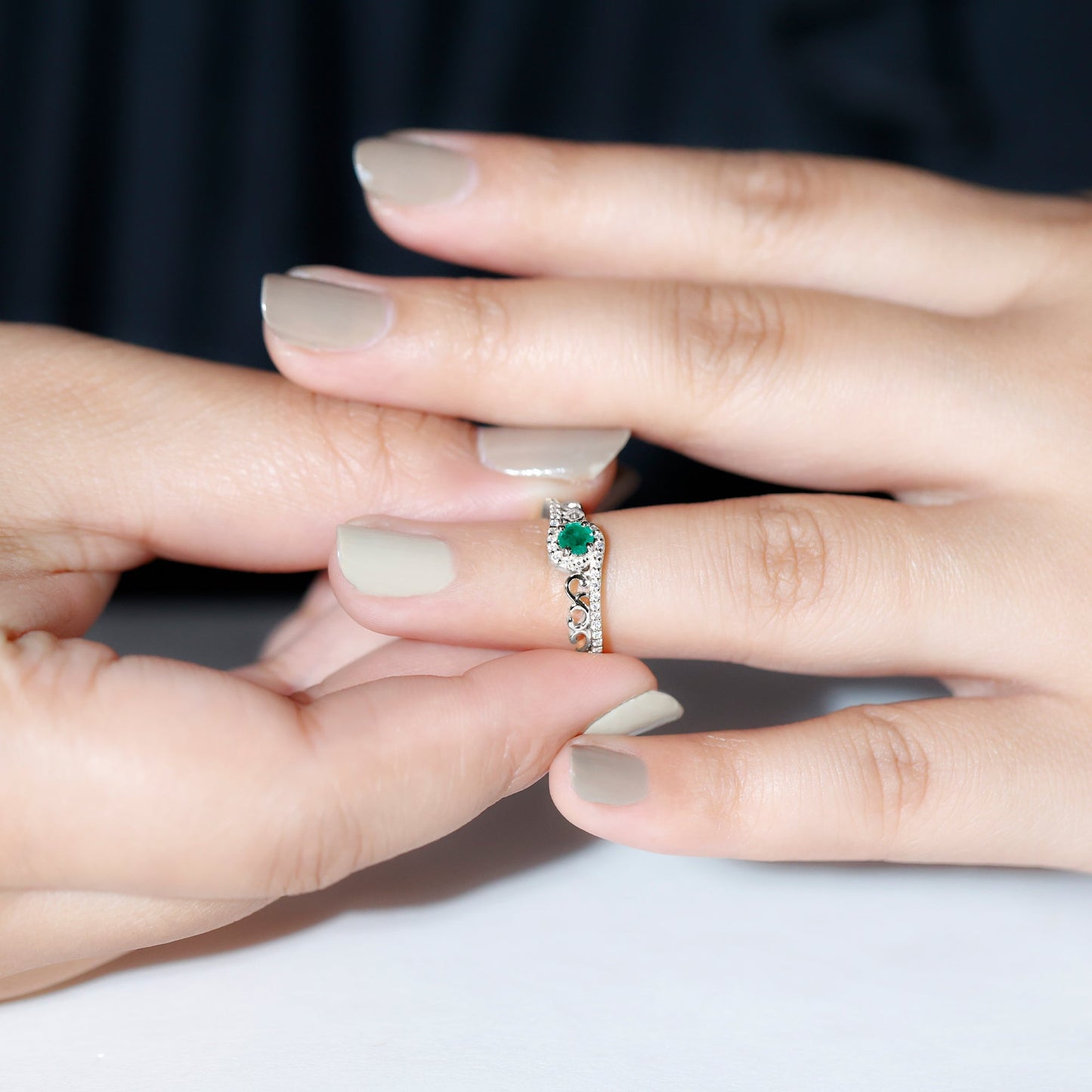 Vintage Style Emerald Engagement Ring with Diamond Bypass Shank