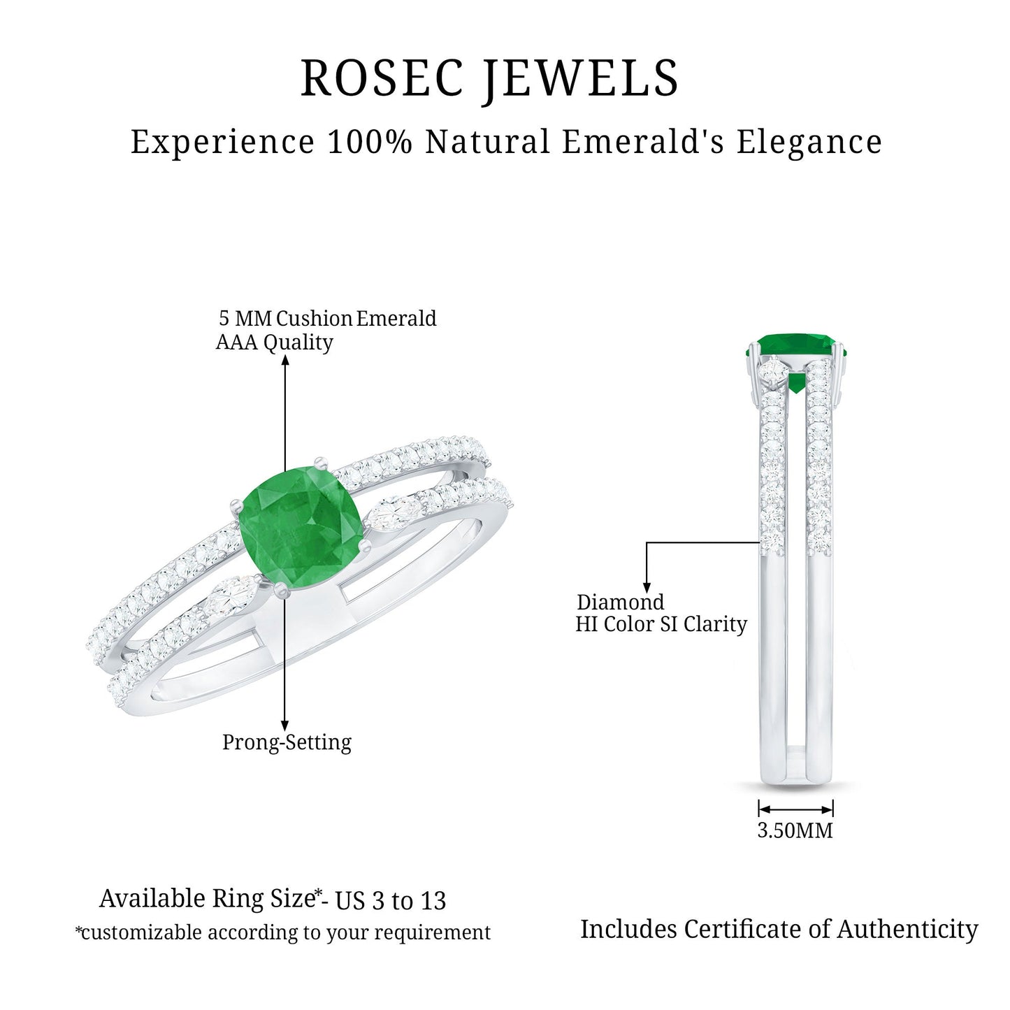 Natural Cushion Cut Emerald Diamond Double Band Engagement Ring