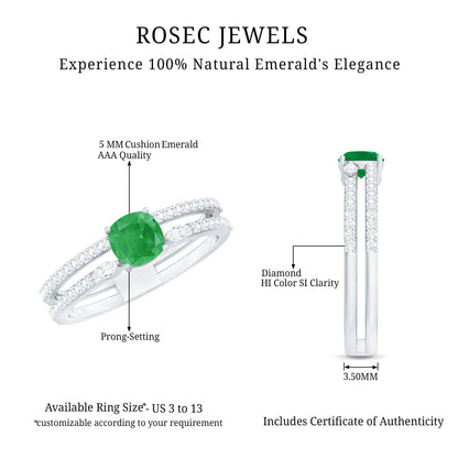 Natural Cushion Cut Emerald Diamond Double Band Engagement Ring