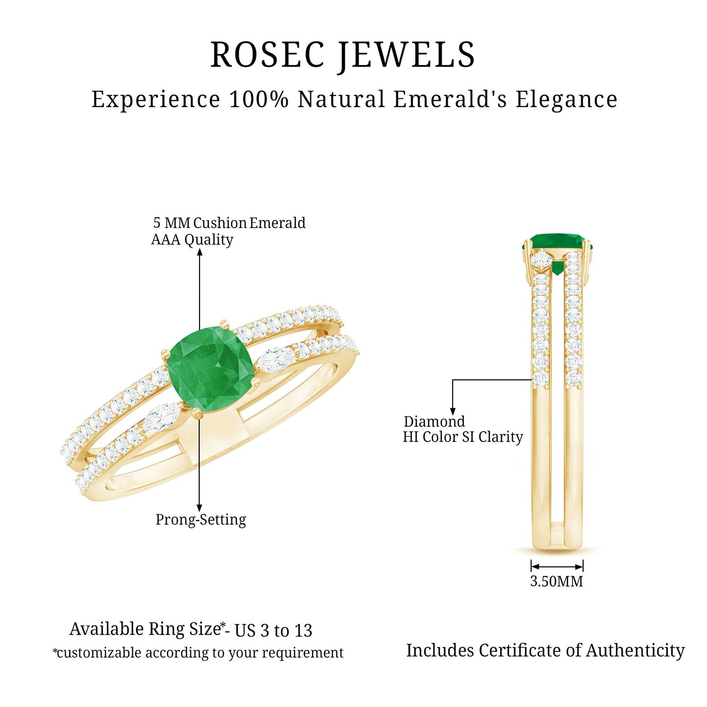 Natural Cushion Cut Emerald Diamond Double Band Engagement Ring