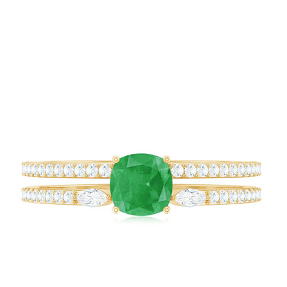 Natural Cushion Cut Emerald Diamond Double Band Engagement Ring