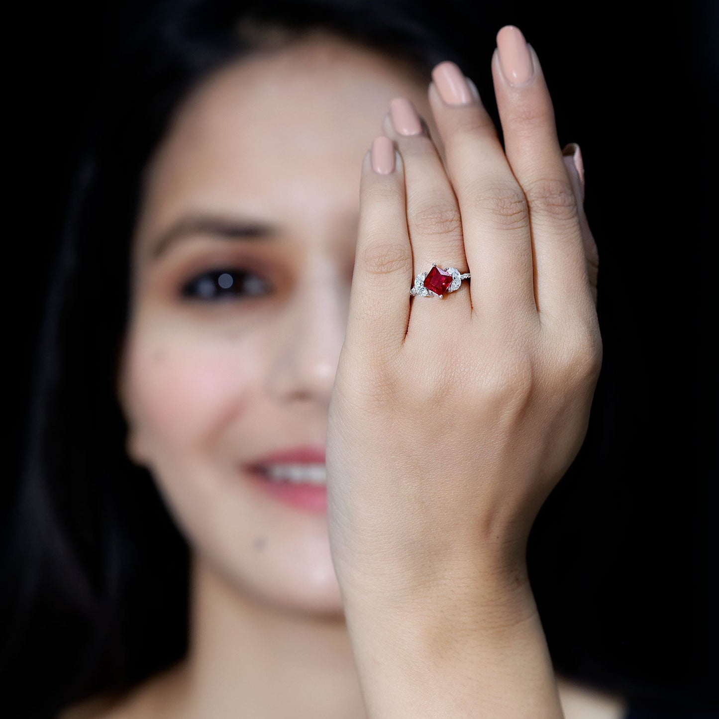 Princess Cut Lab Grown Ruby Solitaire Ring with Diamond