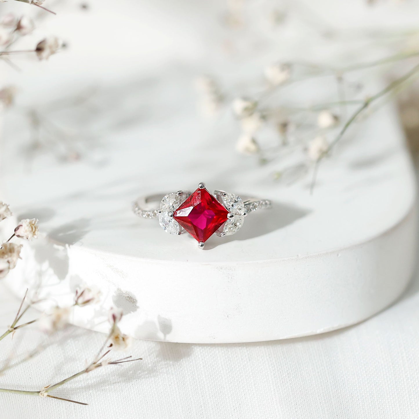 Princess Cut Lab Grown Ruby Solitaire Ring with Diamond