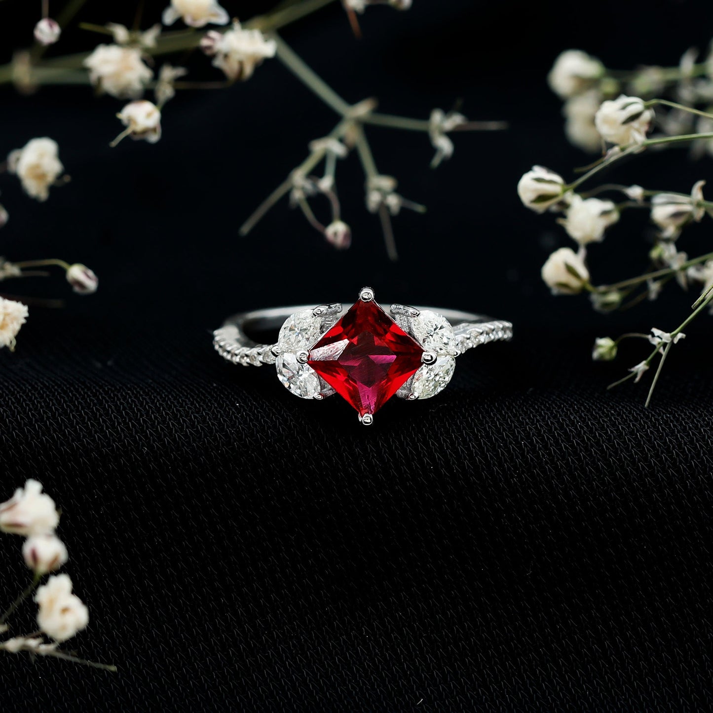 Princess Cut Lab Grown Ruby Solitaire Ring with Diamond