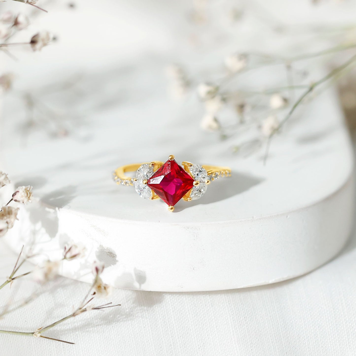 Princess Cut Lab Grown Ruby Solitaire Ring with Diamond