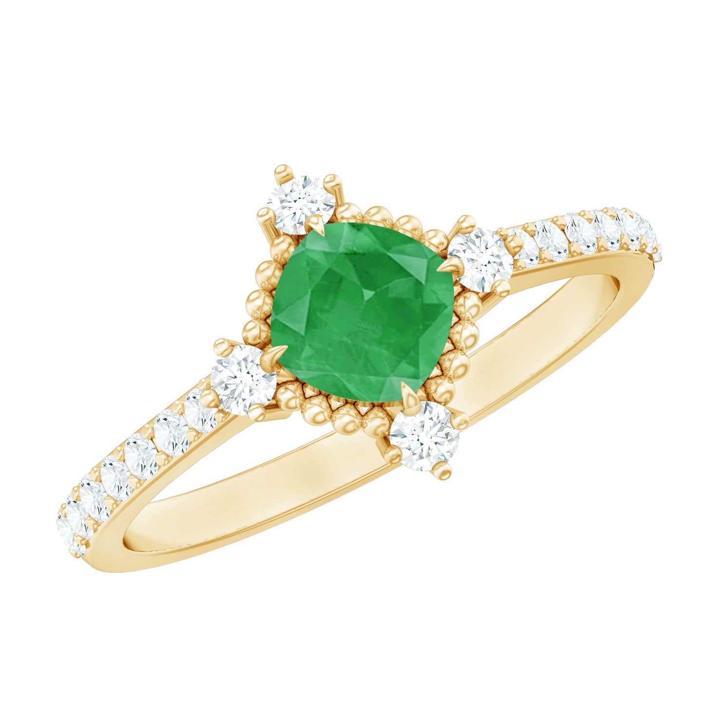 Antique Looking Real Emerald Cushion Cut Engagement Ring with Diamond