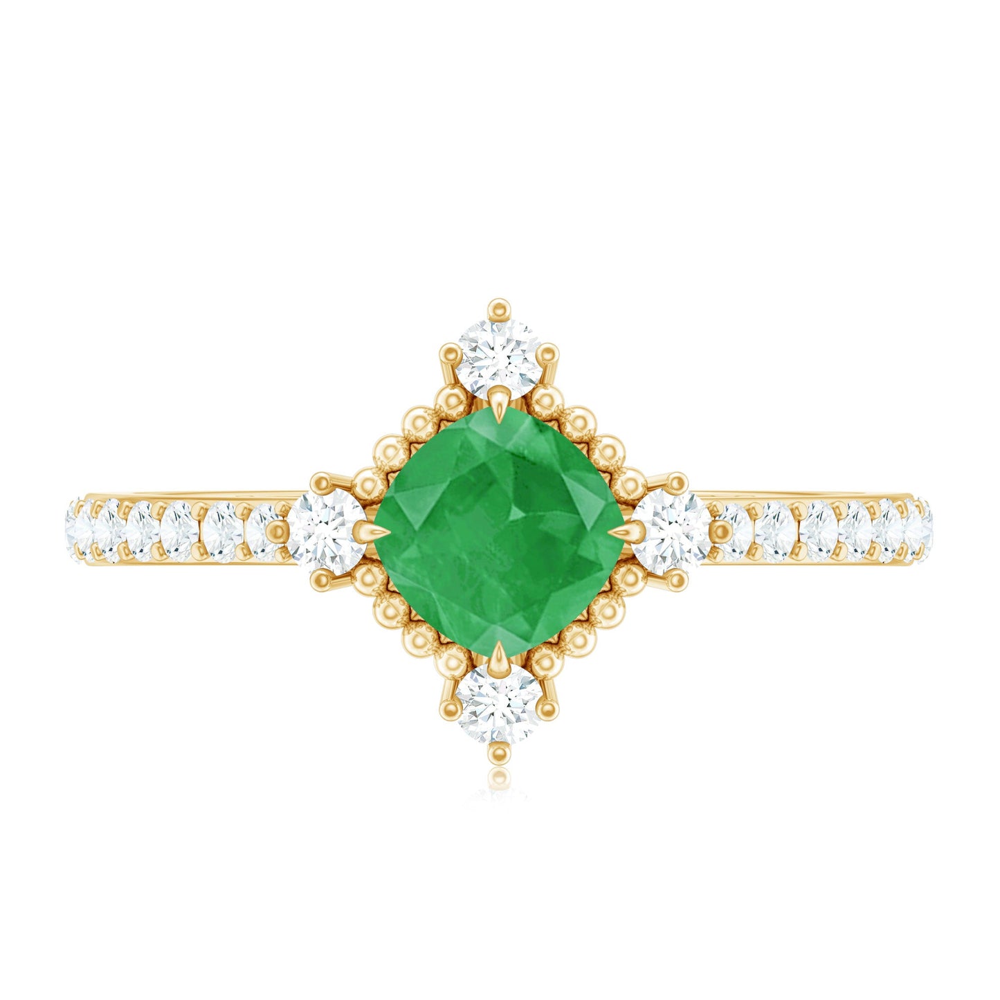 Antique Looking Real Emerald Cushion Cut Engagement Ring with Diamond