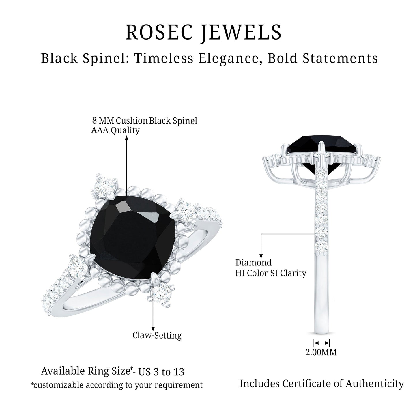 2 Carat Vintage Style Black Spinel Engagement Ring with Diamonds