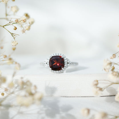 Natural Garnet Cushion Cut Engagement Ring with Diamond Halo