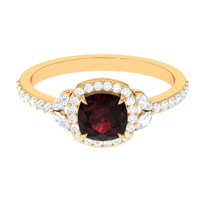Natural Garnet Cushion Cut Engagement Ring with Diamond Halo