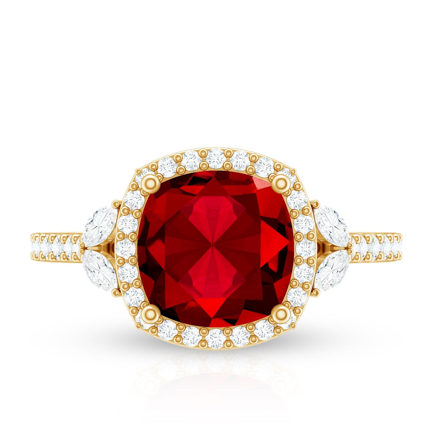 Certified Cushion Cut Lab Ruby and Diamond Halo Engagement Ring