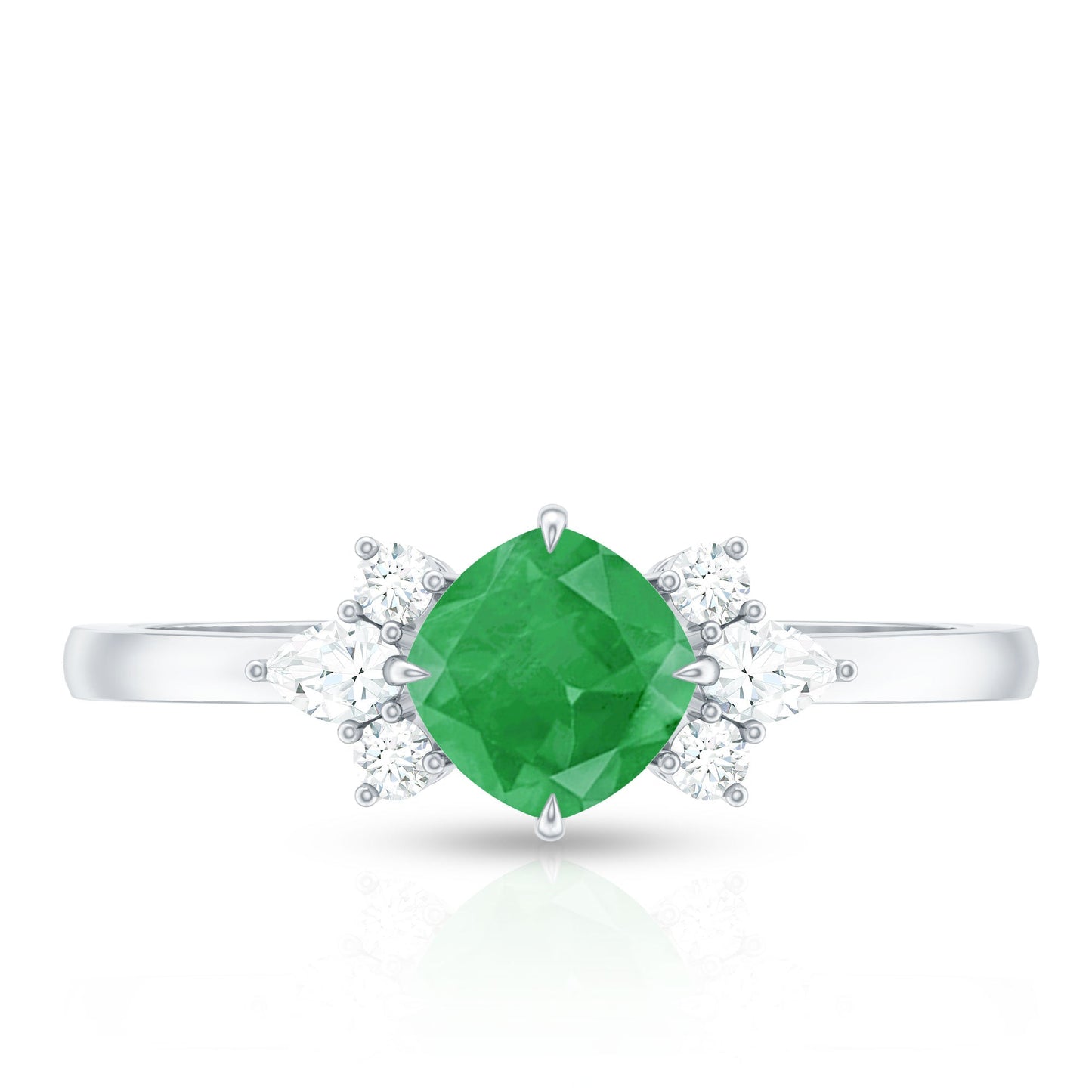 Certified Real Cushion Cut Emerald Engagement Ring with Diamond Trio
