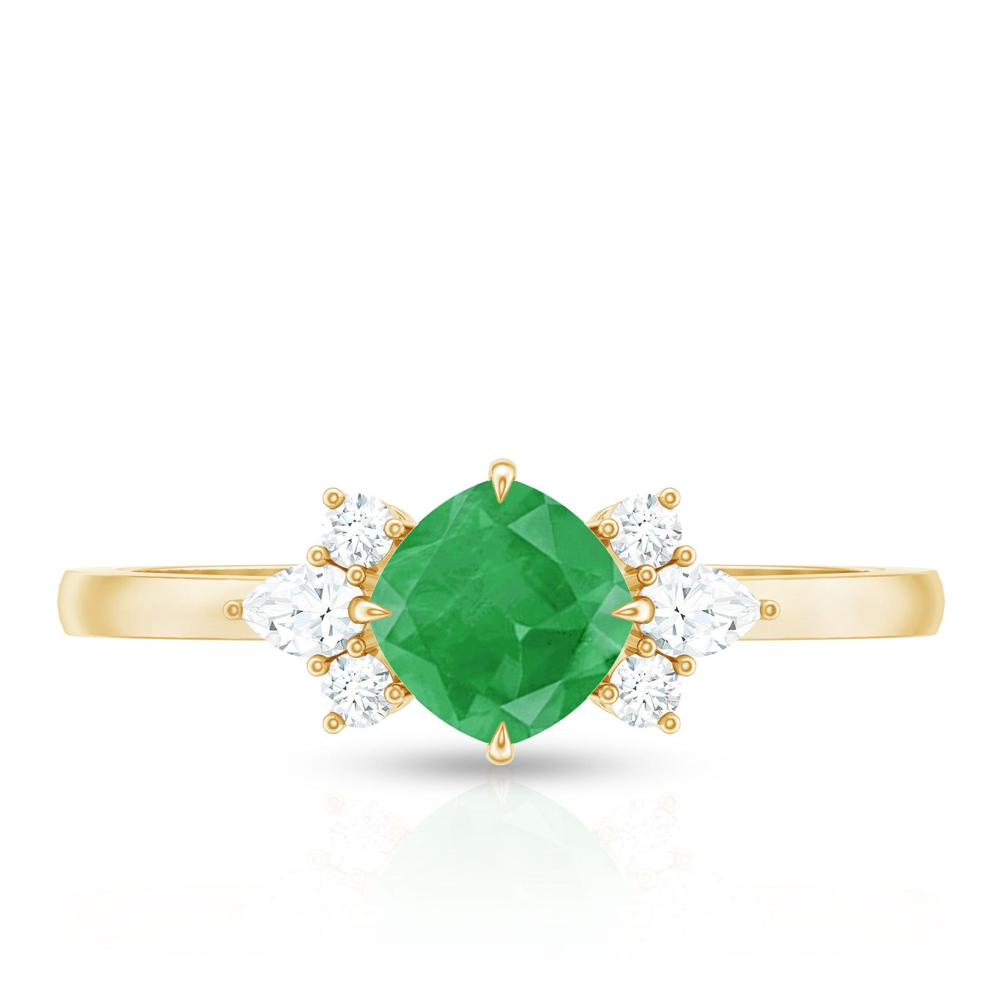 Certified Real Cushion Cut Emerald Engagement Ring with Diamond Trio