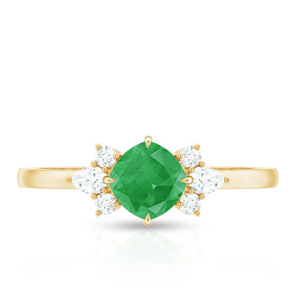 Certified Real Cushion Cut Emerald Engagement Ring with Diamond Trio
