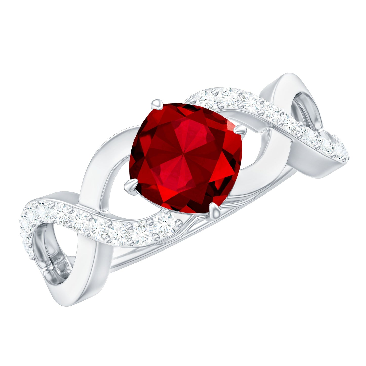 Cushion Cut Lab Grown Ruby and Diamond Crossover Engagement Ring