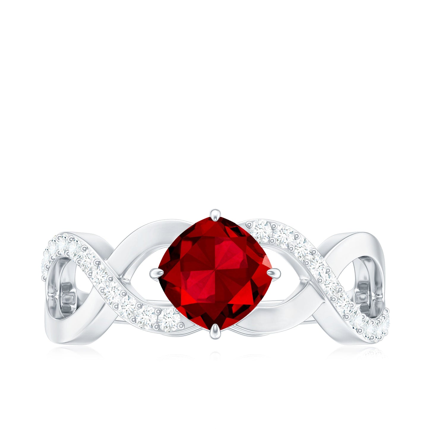 Cushion Cut Lab Grown Ruby and Diamond Crossover Engagement Ring
