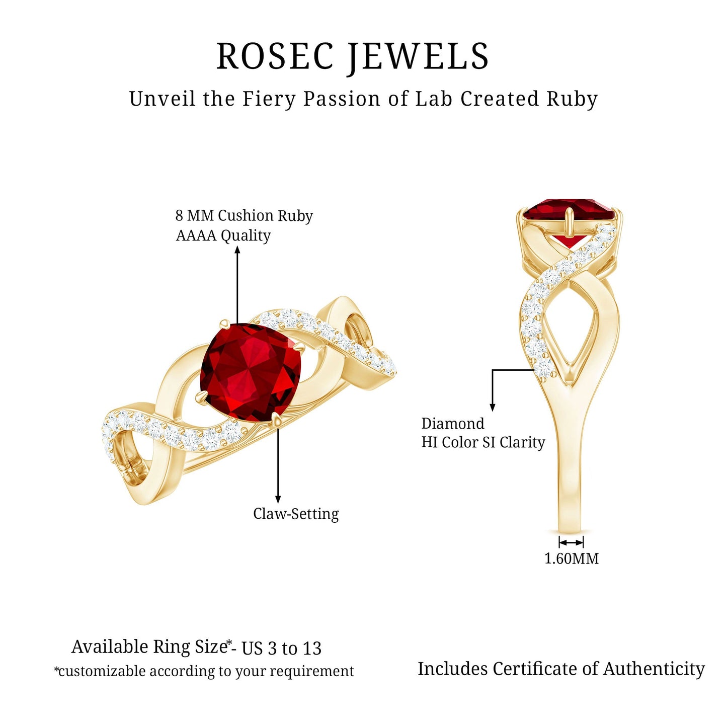 Cushion Cut Lab Grown Ruby and Diamond Crossover Engagement Ring