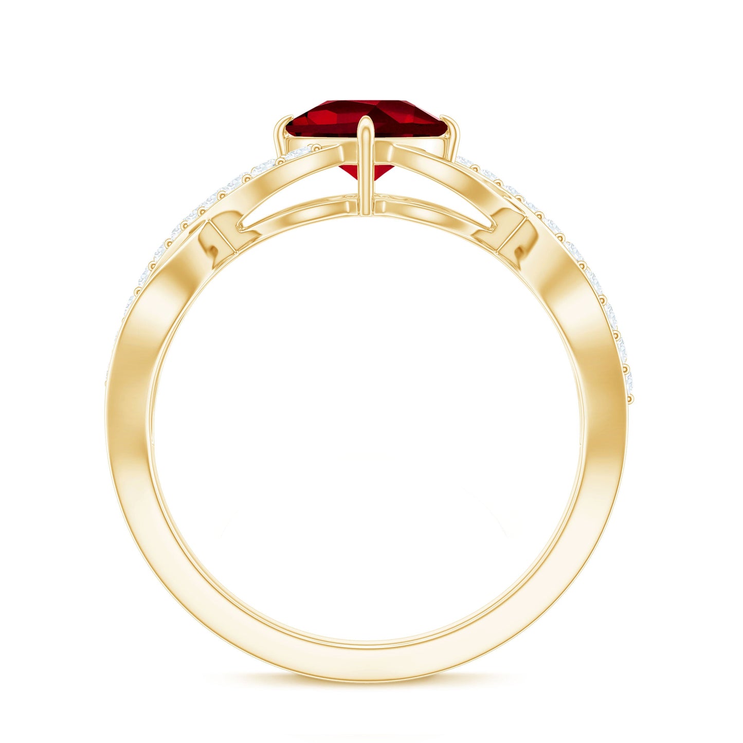 Cushion Cut Lab Grown Ruby and Diamond Crossover Engagement Ring