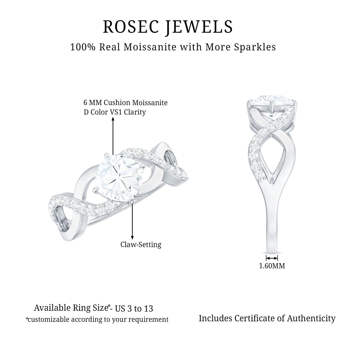 Cushion Cut Moissanite Infinity Band Engagement Ring