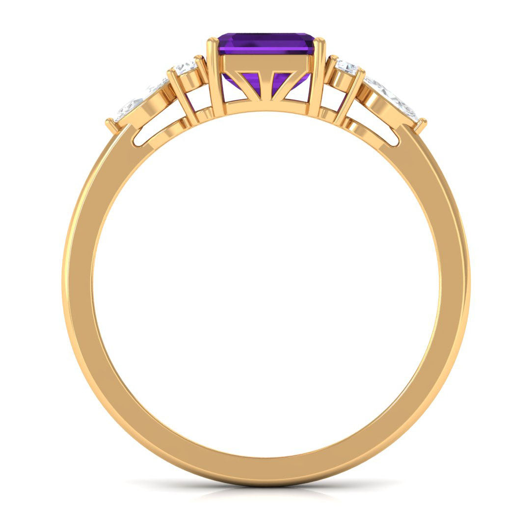 Certified Real 3 Carat Asscher Cut Amethyst Engagement Ring with Diamond Trio