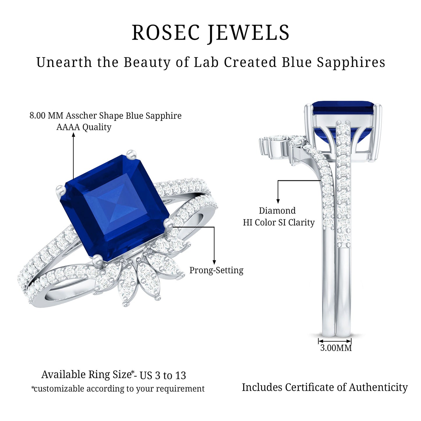 Certified 4.8 Carat Asscher Cut Lab Grown Blue Sapphire Diamond Engagement Ring with Enhancer