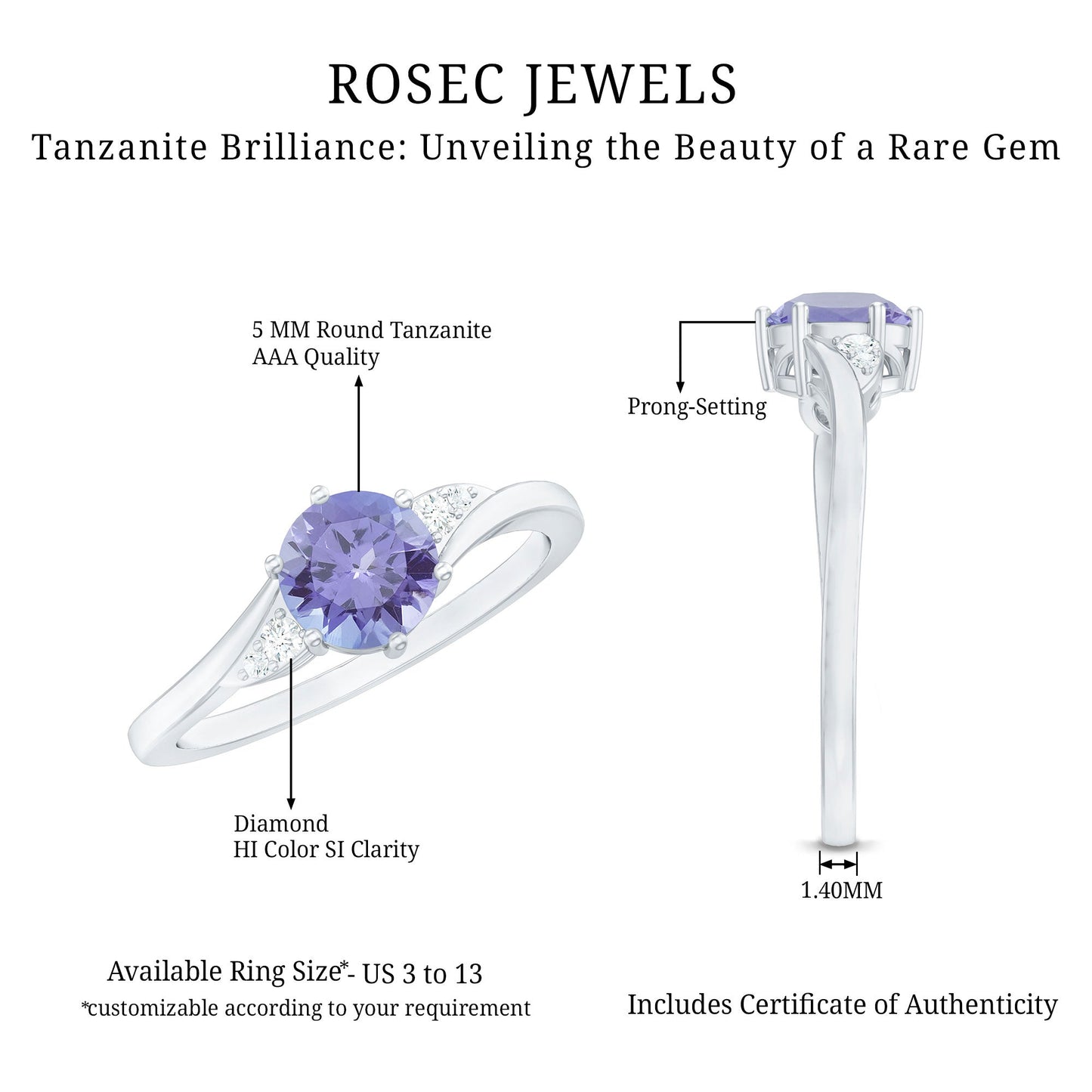 Natural Tanzanite Promise Ring with Diamond Bypass Shank