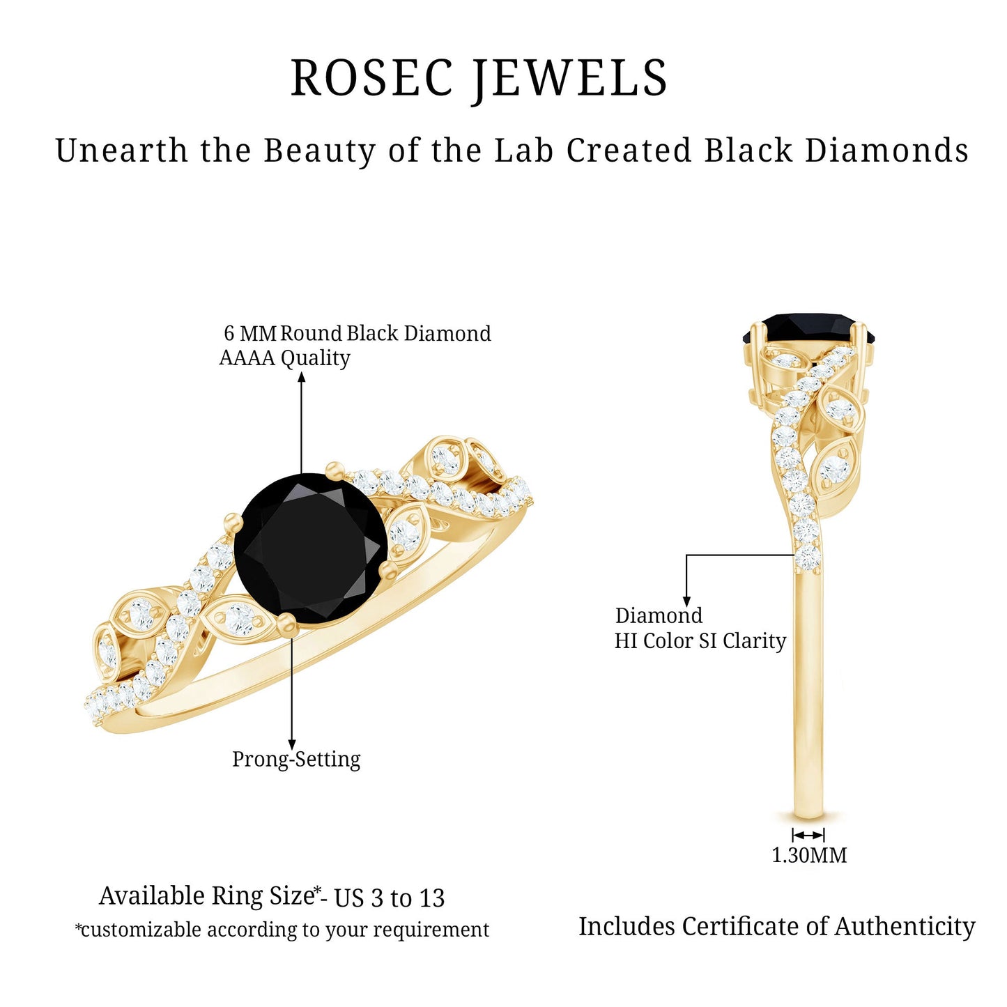 Certified 1.3 Carat Lab Grown Black Diamond Solitaire Engagement Ring with White Diamond