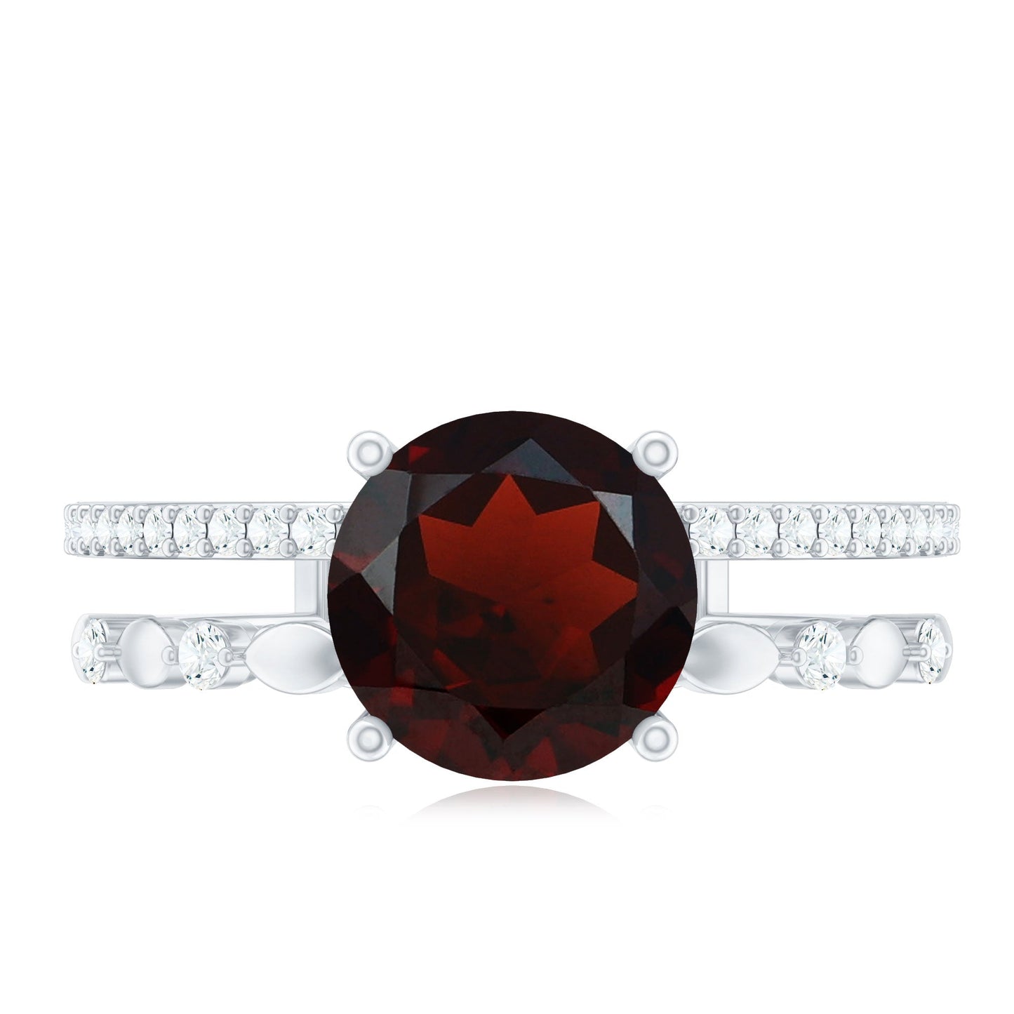 Natural Garnet Diamond Double Band Engagement Ring