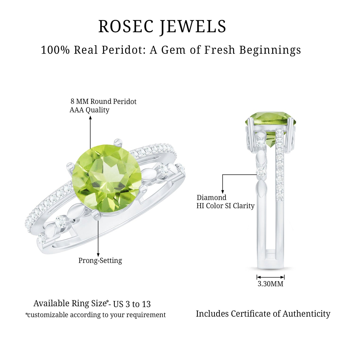Genuine 2 Carat Peridot Double Band Engagement Ring with Diamond
