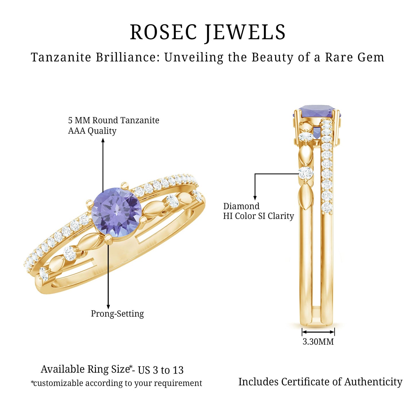 Certified Real Tanzanite Double Band Engagement Ring with Diamond