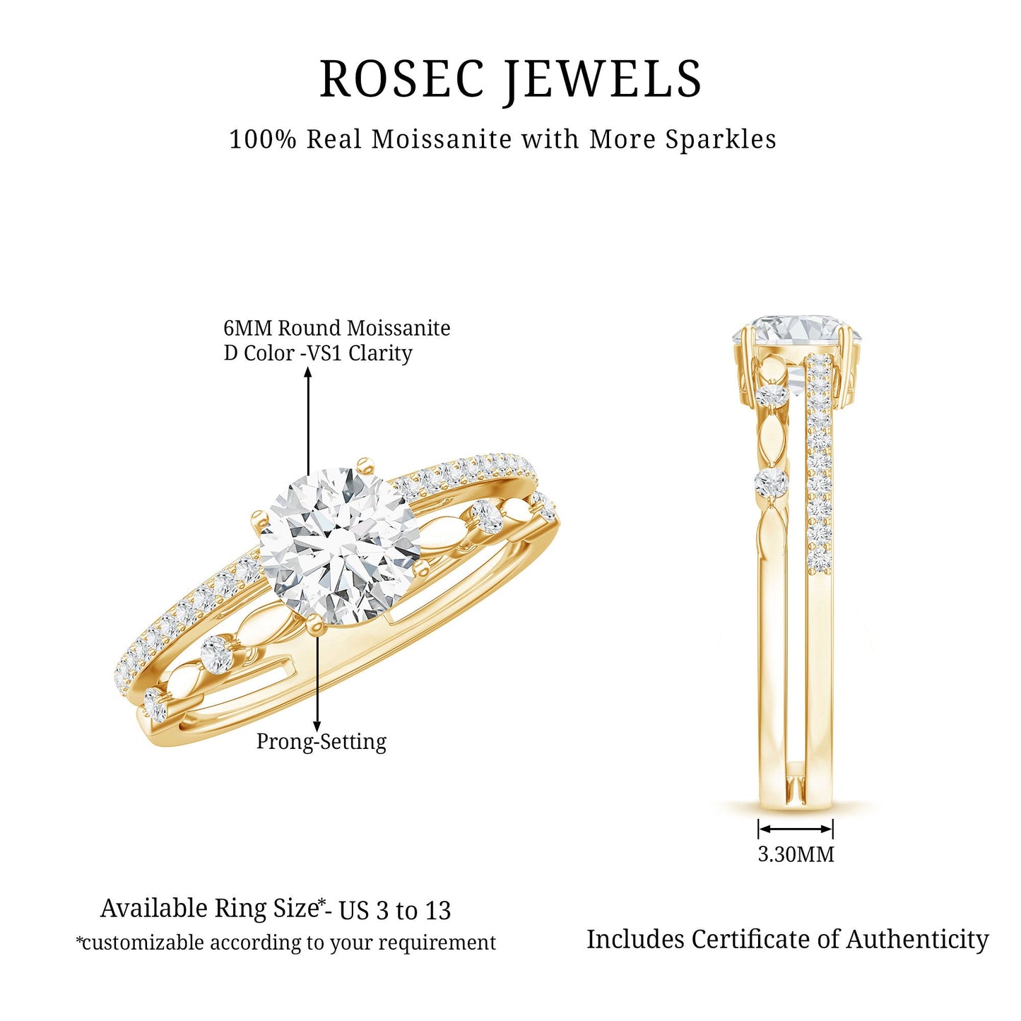 Certified Round Shape Moissanite Designer Engagement Ring